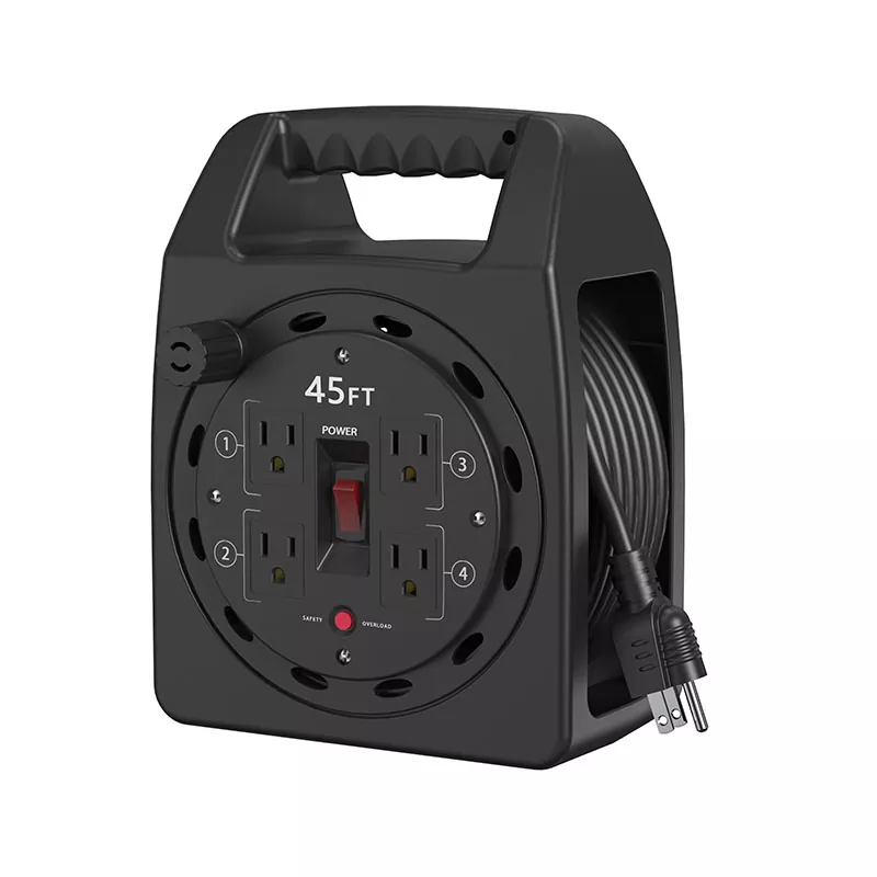 4 Outlets Plastic Cord Reel 45ft With Overload Protection 4 Outlets Plastic Cord Reel 45ft With Overload Protection