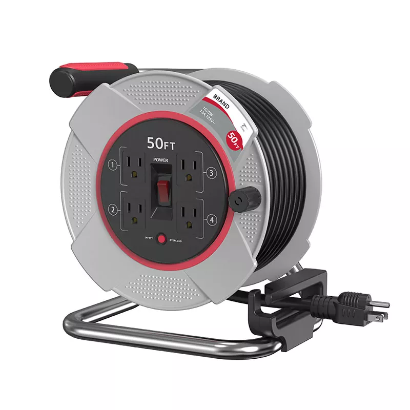 4 Outlets Plastic Cord Reel 50ft With Overload Protection 4 Outlets Plastic Cord Reel 50ft With Overload Protection